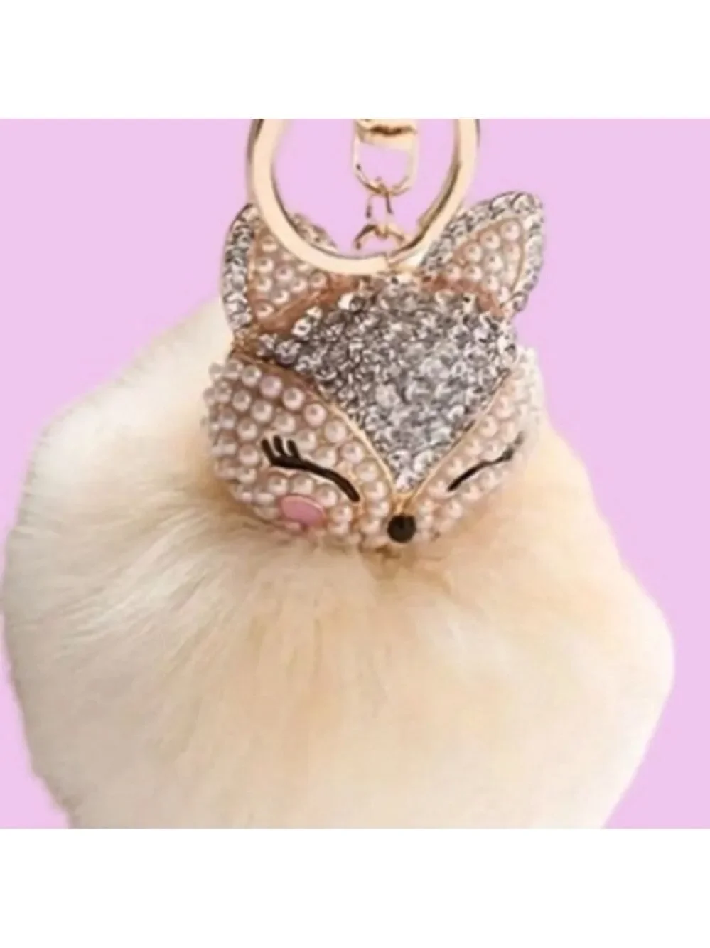 NEW Fluffy Fox Bag Charm Keychain - Cream - Pearl & Rhinestone Pom Accessory NWT